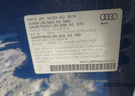 2016 Audi Q5 2.0T Premium z USA, uszkodzony, nr VIN WA1L2BFP9GA044102